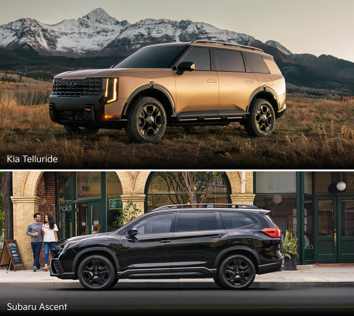 A gold Kia Telluride parked in a grassy mountain field. A dark blue Subaru Ascent parked on a street outside a cafe.