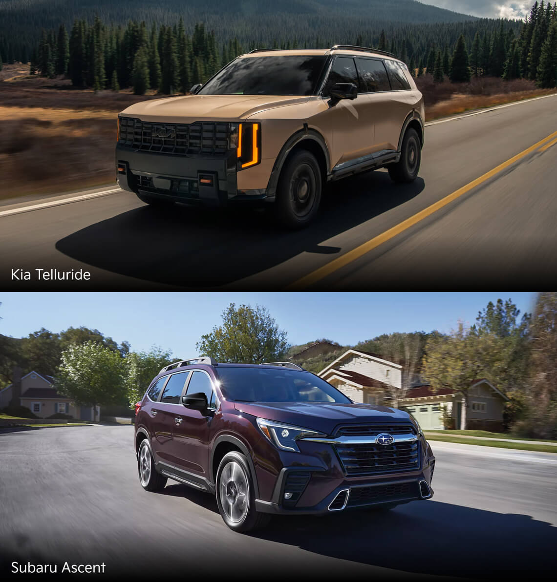 Action shots of a gold Kia Telluride driving down a remote mountain highway and a dark red Subaru Ascent driving on a suburban road.