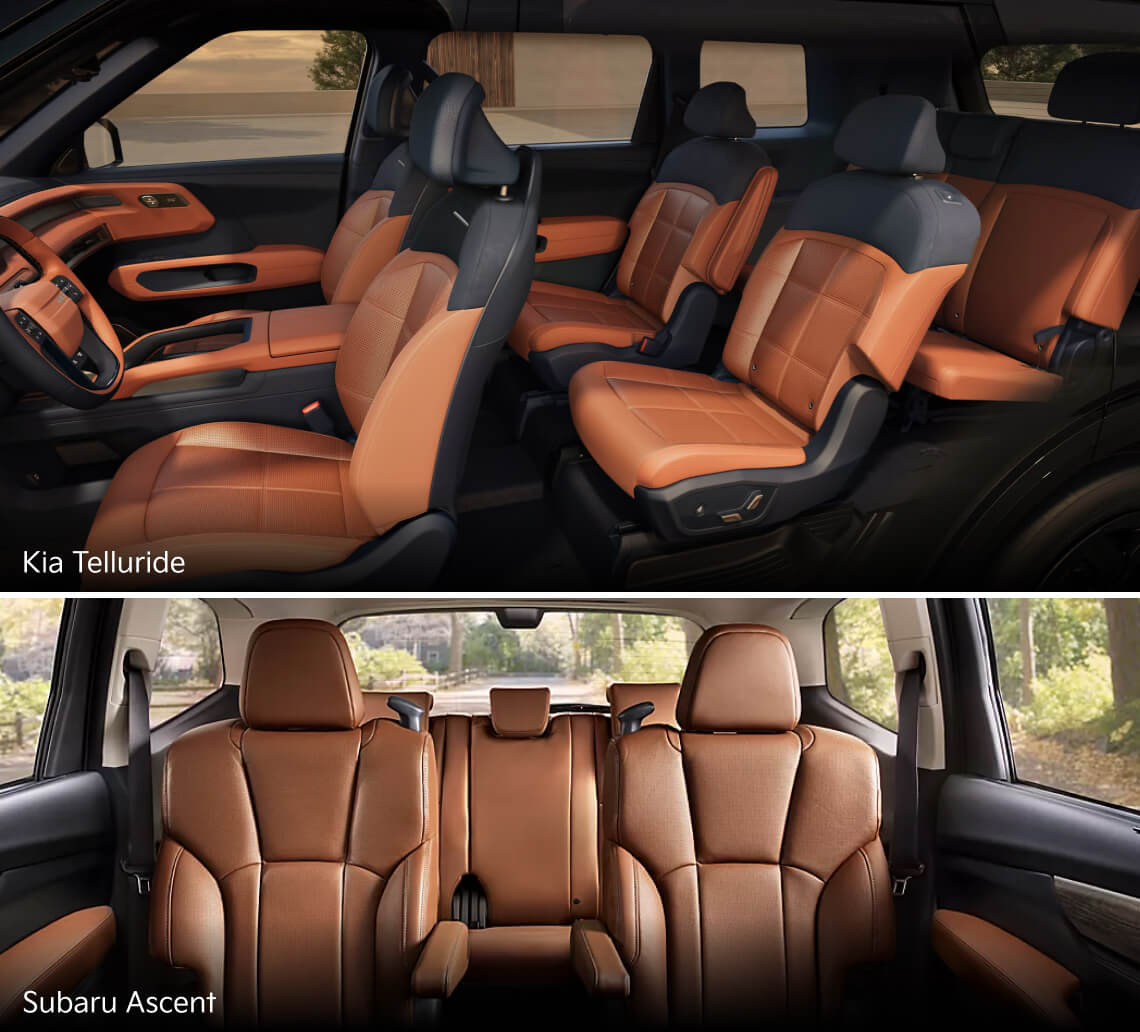Interior side shot of the Kia Telluride and reverse shot of the Subaru Ascent, both showing interior seating and cargo room.
