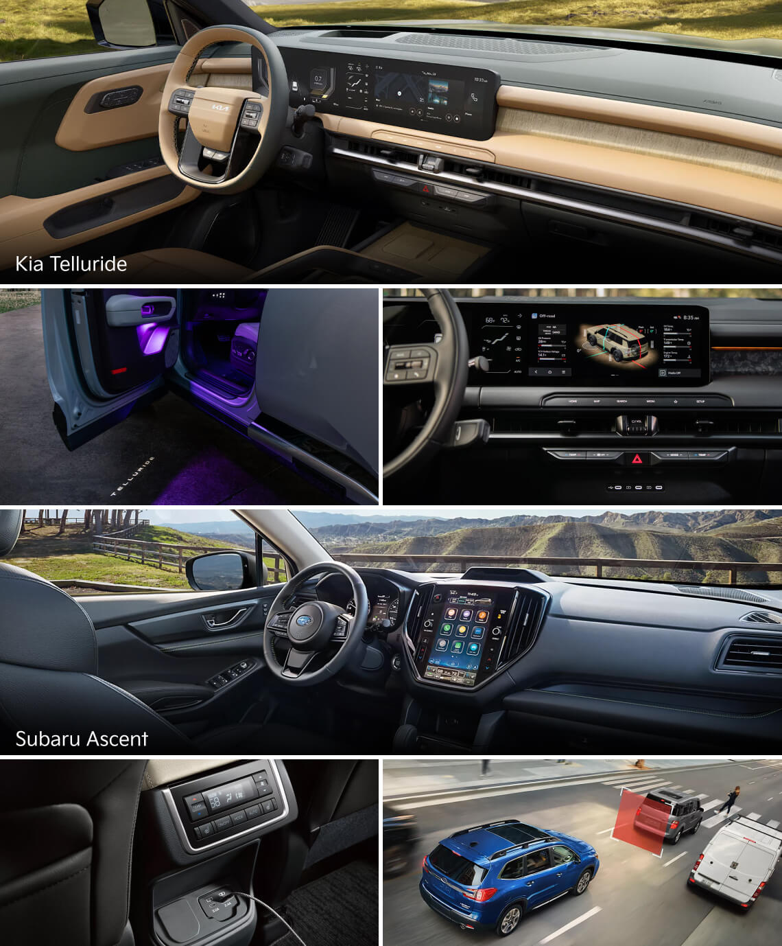 Collage of detail shots of Kia Telluride and Subaru Ascent interior technology features including cockpit, rear seat charging and accent lighting.
