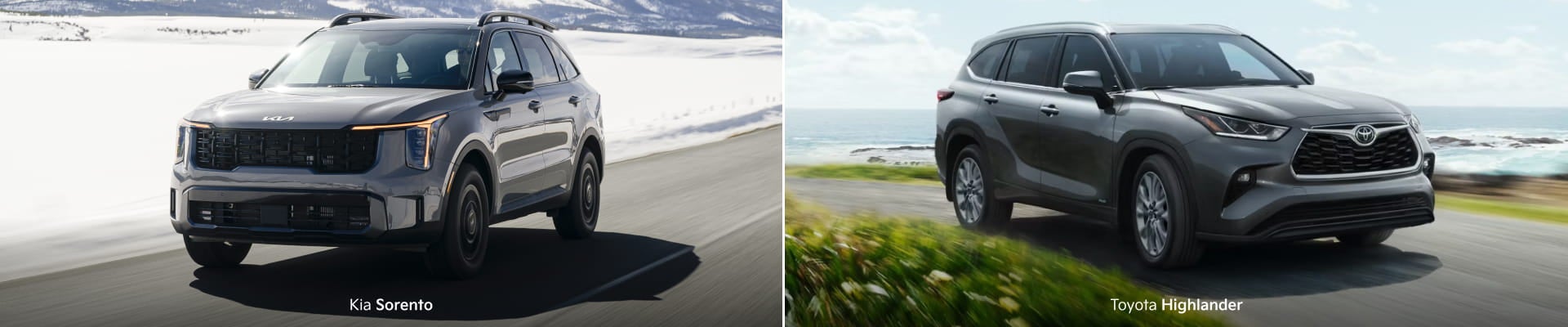 Side-by-side comparison of a Kia Sorento and Toyota Highlander, both driving on scenic roads; Sorento in snowy mountains, Highlander by the ocean.
